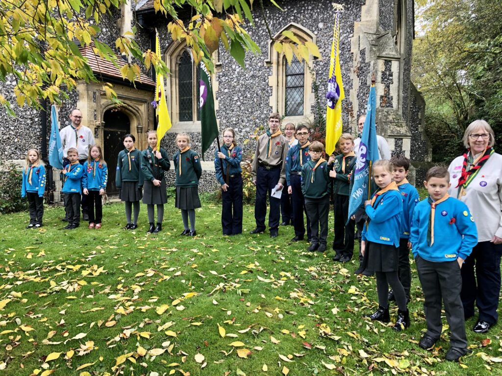 Beavers Cubs and Scouts with flags at war memorial